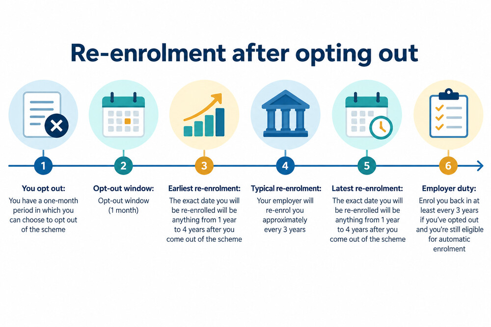 A timeline showing a worker opting out, then being re-enrolled by their employer at some point between one and four years later