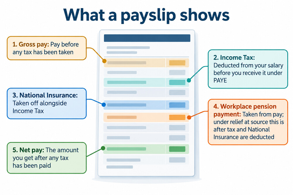 A payslip showing gross pay, income tax, National Insurance and a workplace pension deduction