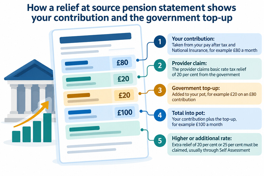 A pension statement showing a member contribution and a separate government top-up line
