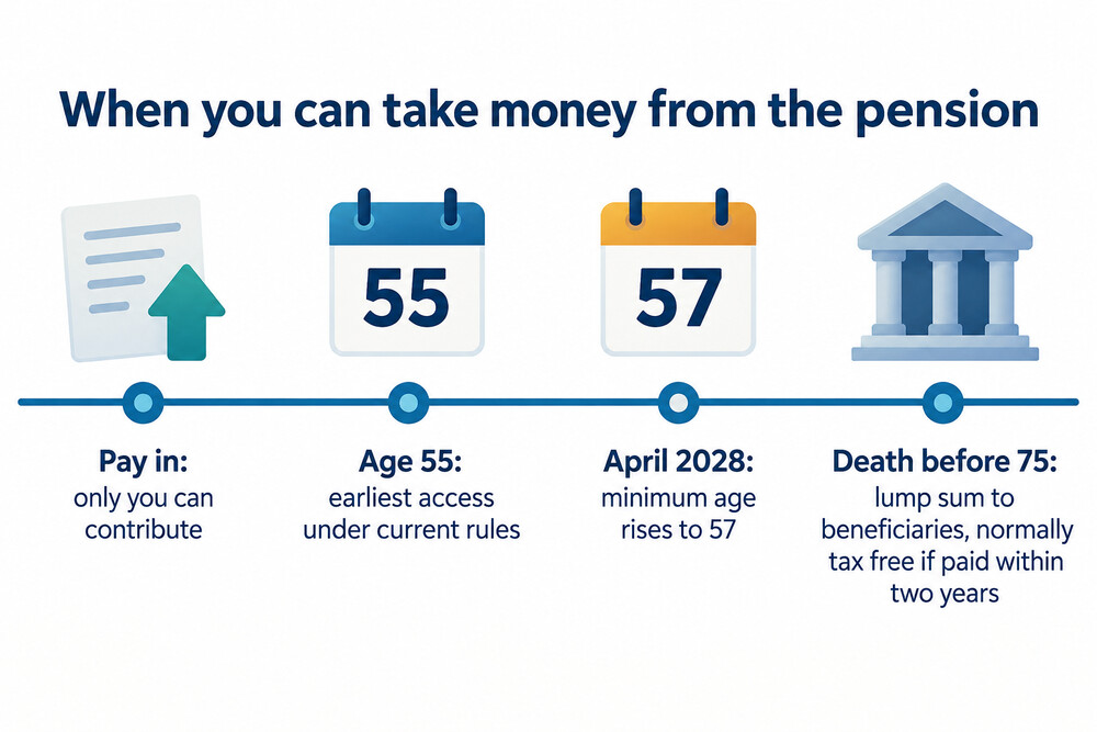 A timeline from contributions through to access at 55 and 57