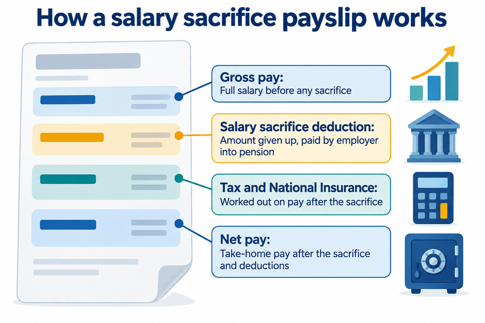 A payslip showing gross pay, the salary sacrifice deduction and net pay