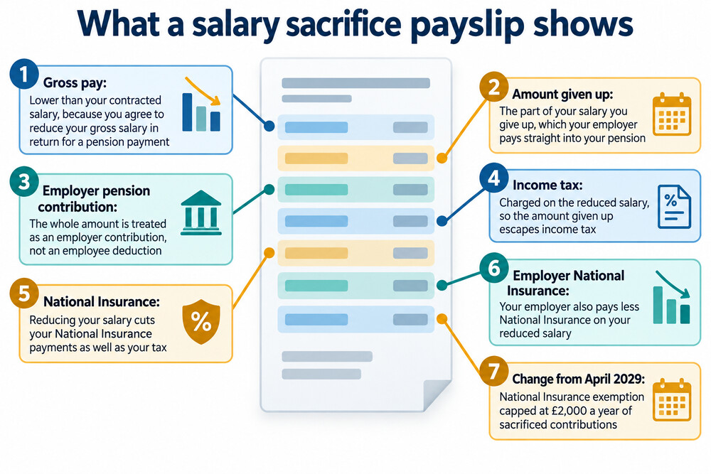 A payslip showing a lower gross salary with the sacrificed amount paid into a workplace pension