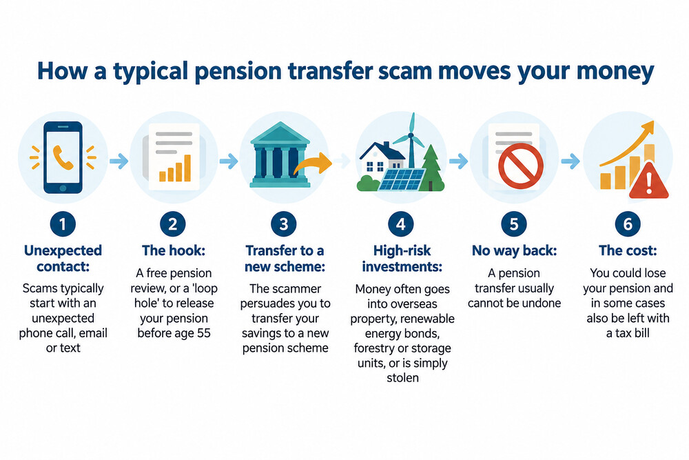 A scammer's route from first contact to a lost pension pot, showing the stages of a typical transfer scam
