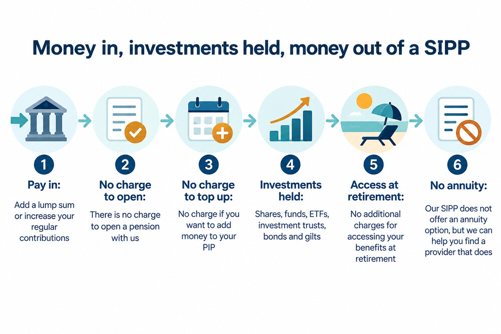 A simple diagram showing money going into a SIPP, being invested, and coming out at retirement
