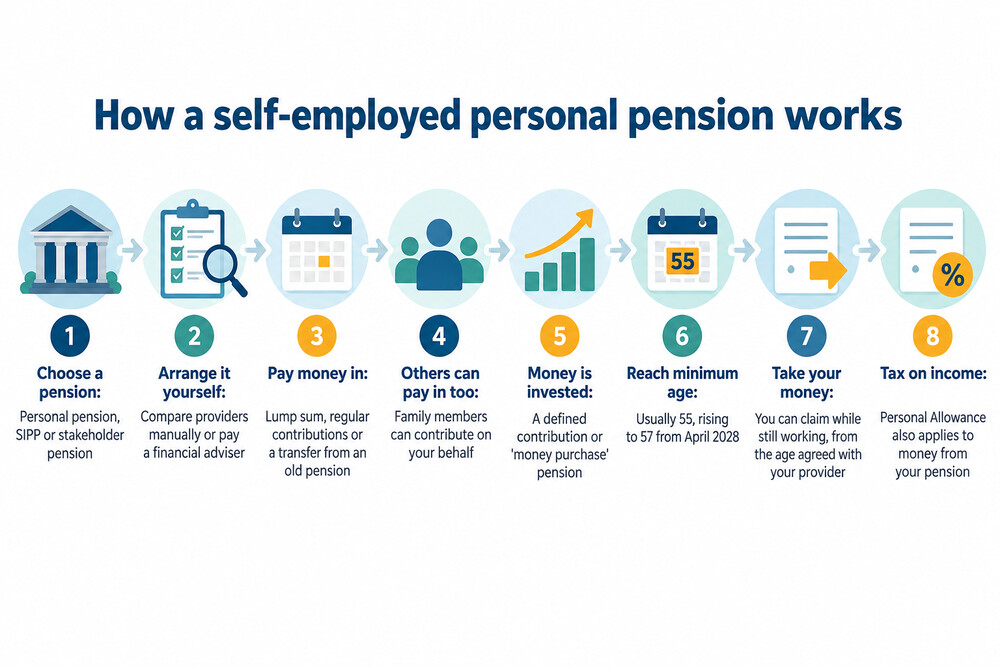 A self-employed person at a desk comparing personal pension documents on a laptop