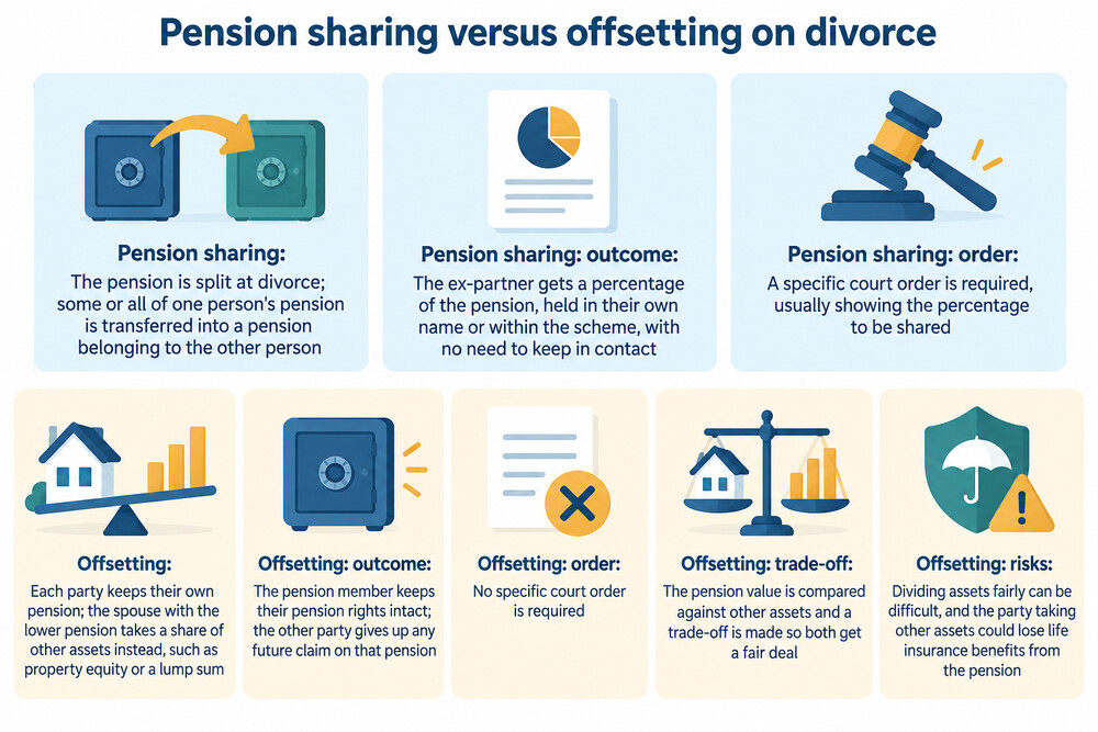 A simple side-by-side showing a pension being split into two pots versus a pension kept whole with the house traded against it