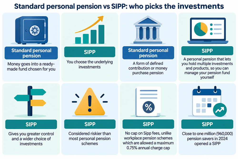 A side-by-side comparison of a standard personal pension and a SIPP, showing who picks the investments in each