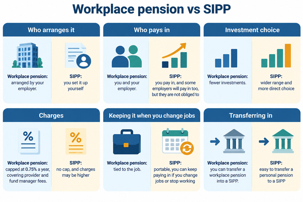 A side-by-side comparison of a workplace pension and a SIPP showing who pays in, who chooses the investments and how charges are capped