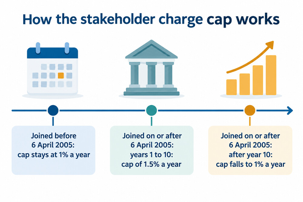 A timeline showing how the stakeholder pension charge cap changes over the years of membership