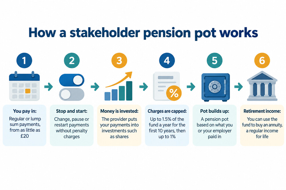 A diagram showing money paid into a stakeholder pension being invested by a provider and growing into a pot used for retirement income