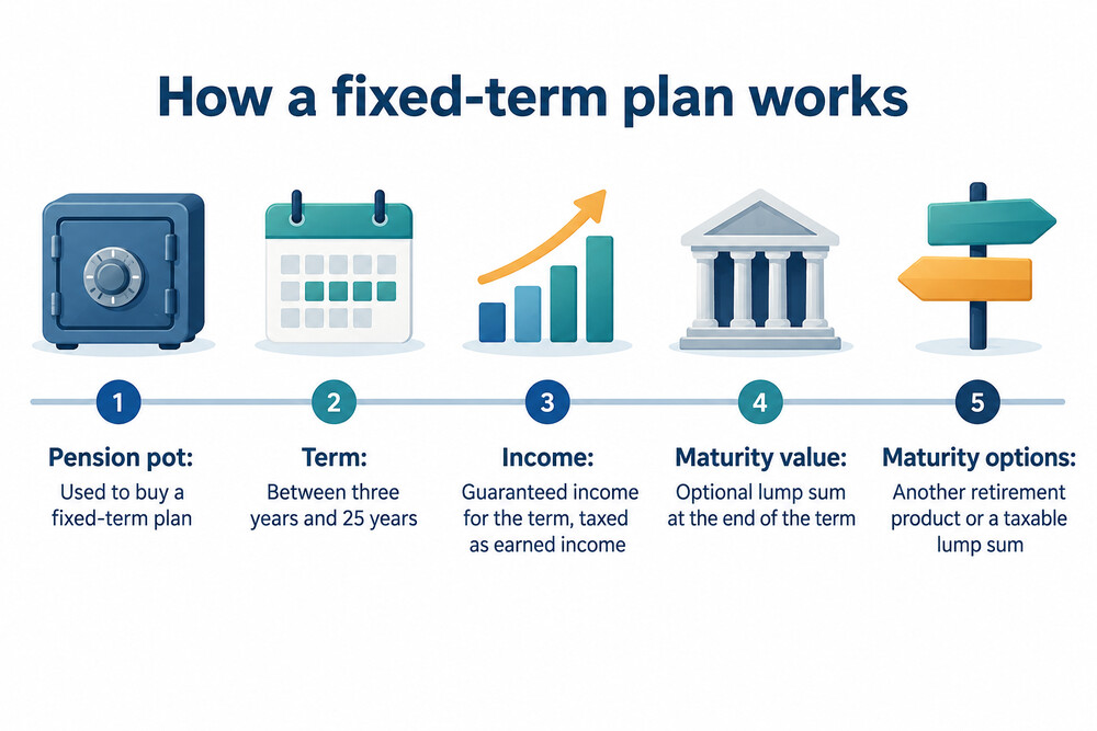 A simple timeline showing a pension pot being used to buy a fixed-term plan, income paid across the term, and a maturity value paid at the end