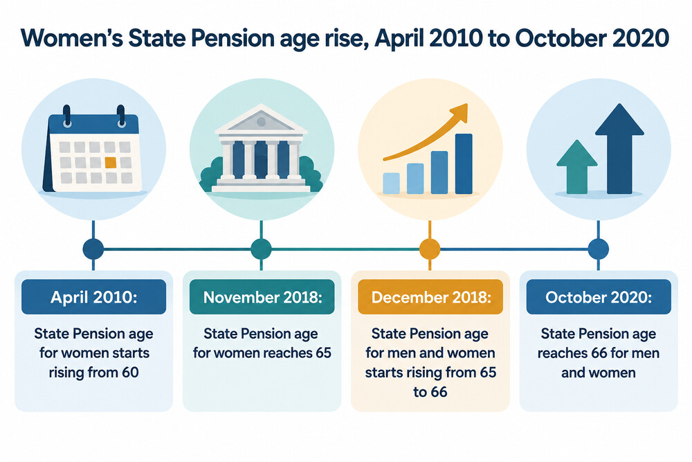 A timeline showing women's State Pension age rising from 60 in April 2010 to 65 in November 2018 and 66 by October 2020