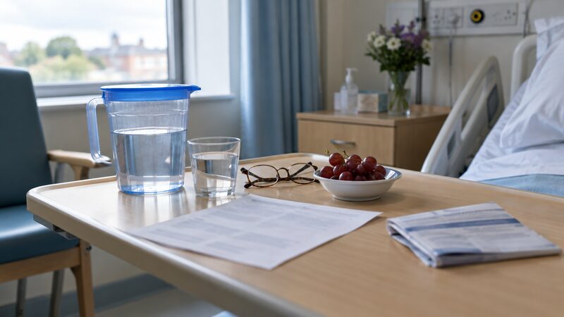A hospital bedside table with a letter from the Pension Service and a bank statement