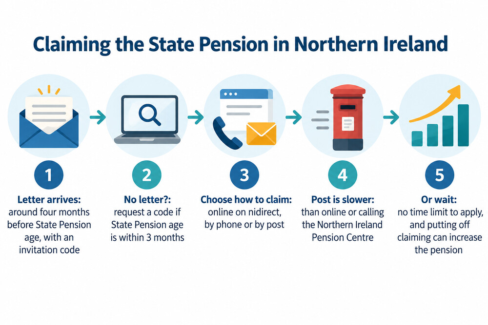 A flow diagram showing the steps to claim the State Pension in Northern Ireland