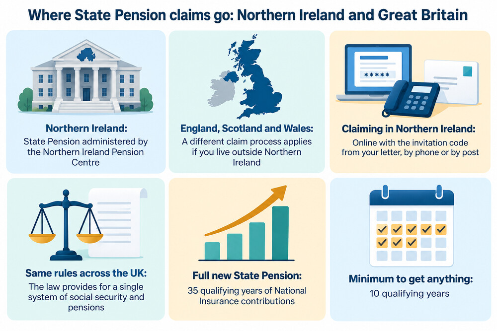 A map of the United Kingdom showing that State Pension claims are handled by different services: the Northern Ireland Pension Centre for Northern Ireland and the DWP for Great Britain