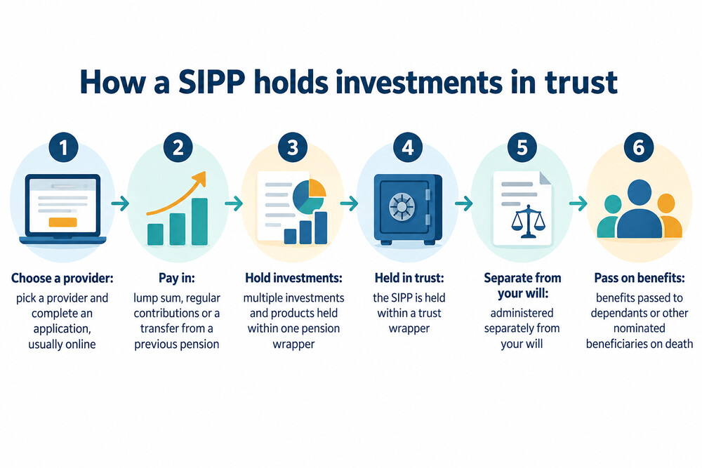 A simple diagram showing how a SIPP holds investments in trust