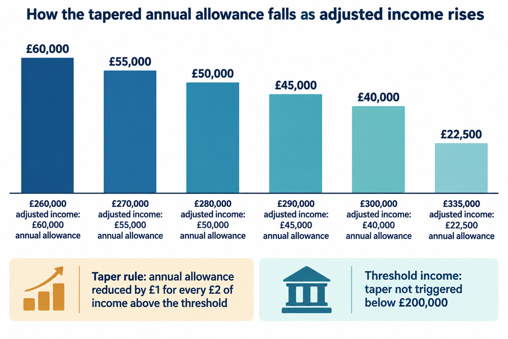 A table showing how the annual allowance falls as adjusted income rises
