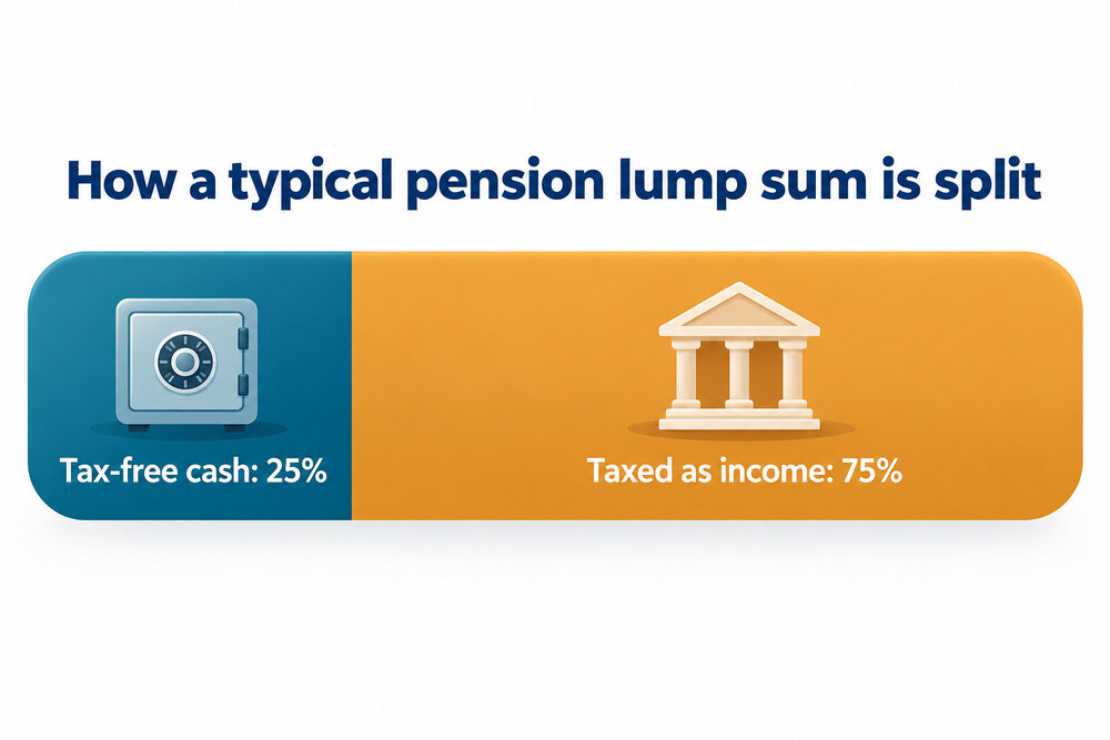 A breakdown showing a pension lump sum split into a tax-free quarter and a taxable three-quarters