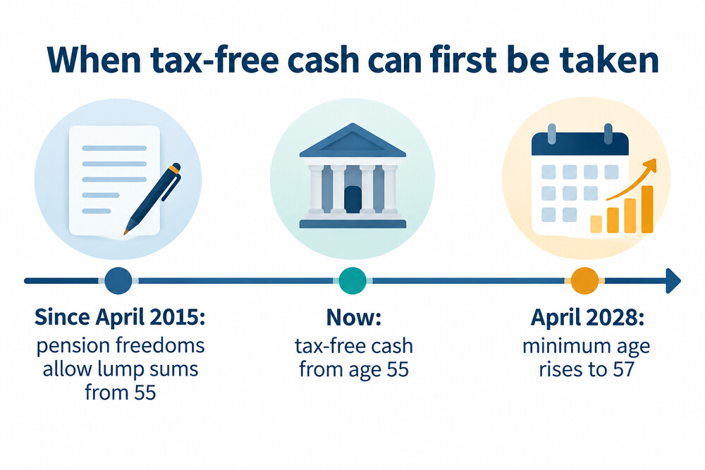 A timeline showing the minimum age for tax-free cash moving from 55 to 57