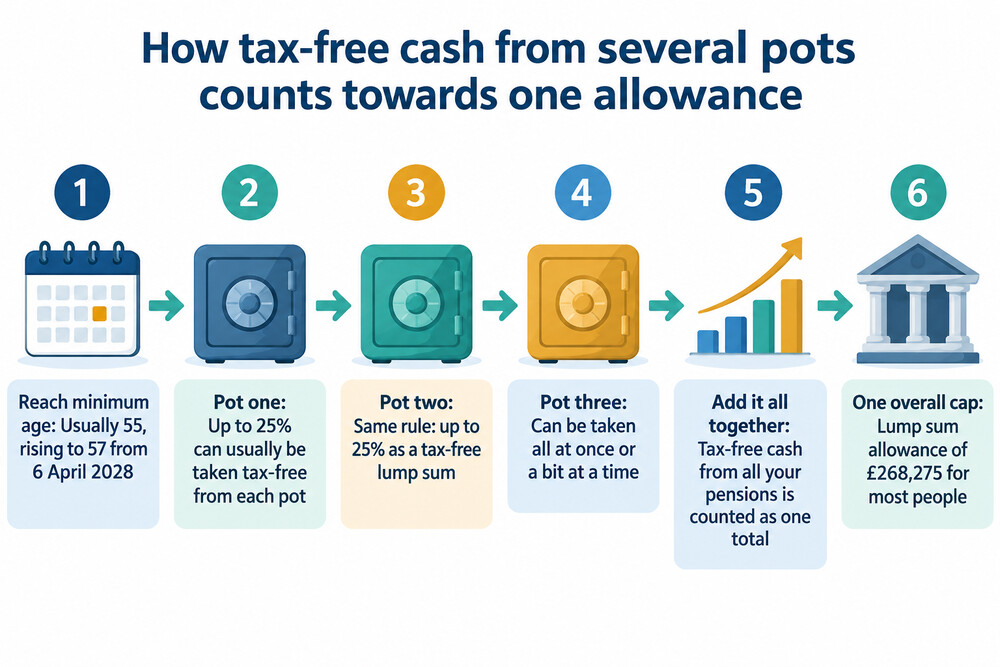 A person with three separate pension pots, with arrows showing tax-free cash from each pot flowing into one shared £268,275 allowance