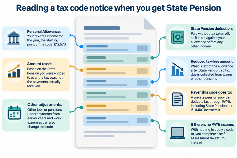 A PAYE tax code notice letter from HMRC, showing the code applied to a private pension after the State Pension begins