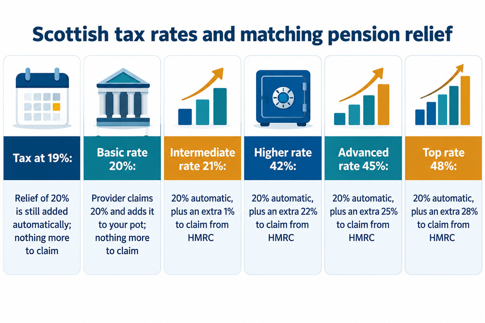 A chart showing the Scottish income tax bands and the pension relief available at each