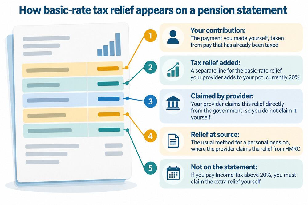 A pension annual statement showing the line where tax relief has been added to contributions