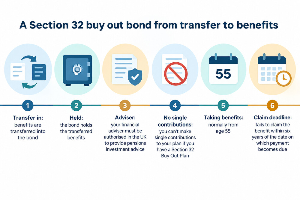 A simple timeline showing the stages of a Section 32 buy out bond, from transfer in to taking benefits