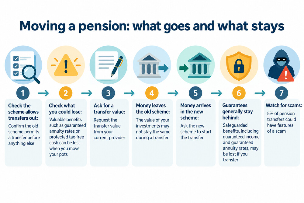 A simple flow diagram showing money leaving an old scheme and arriving in a new one, with the guarantees left behind