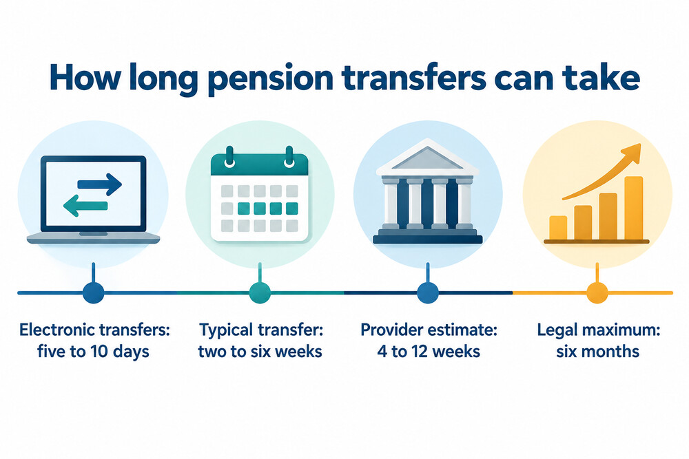 A timeline showing the range of transfer times from electronic transfers to the legal maximum