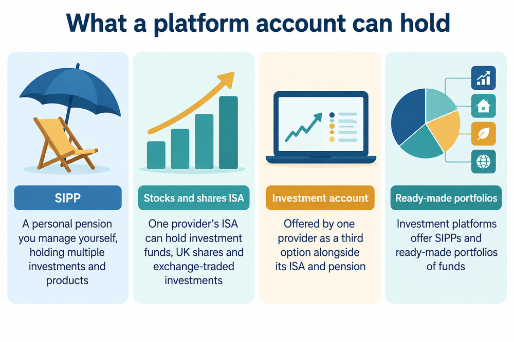 A smartphone showing an investment platform account overview, with a pension balance and a list of funds