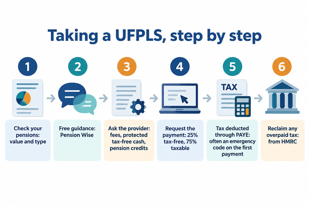 A flow chart showing the steps from checking a pension to receiving a UFPLS and reclaiming any overpaid tax