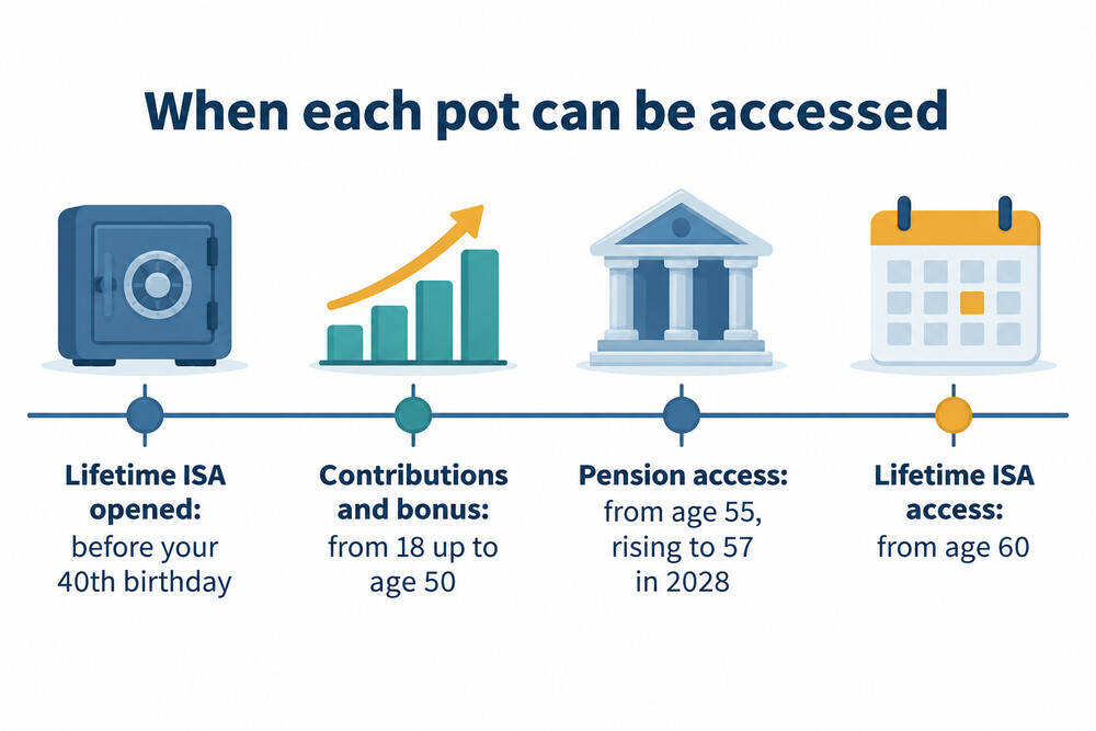 A timeline comparing when a Lifetime ISA and a pension can be accessed
