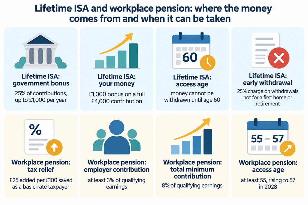 A side-by-side view of a Lifetime ISA and a workplace pension, showing where the money comes from and when it can be taken