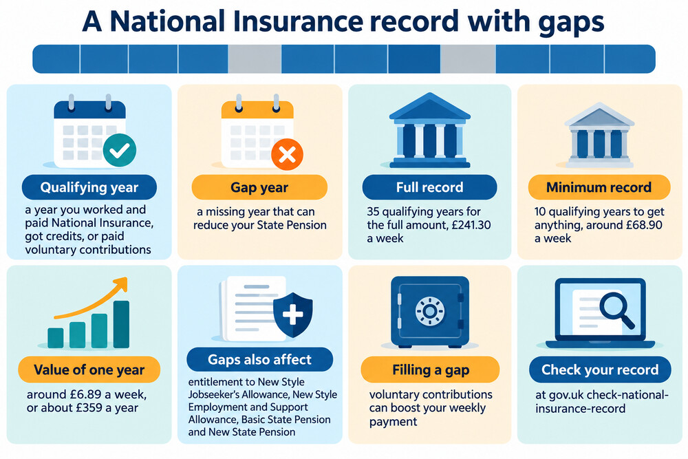 A National Insurance record showing qualifying years, gaps and the effect on State Pension