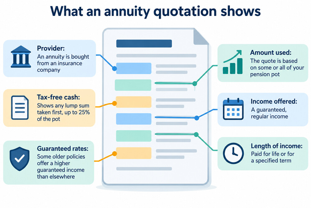 A letter from an annuity provider showing the guaranteed income quoted for a pension pot