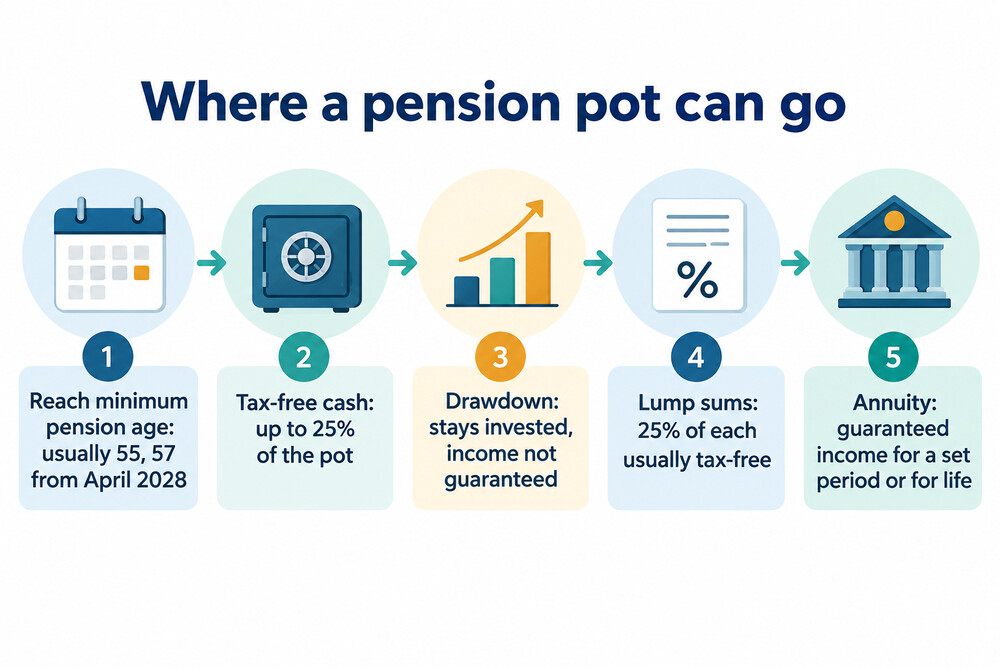 A pension pot divided into tax-free cash, drawdown, lump sums and an annuity