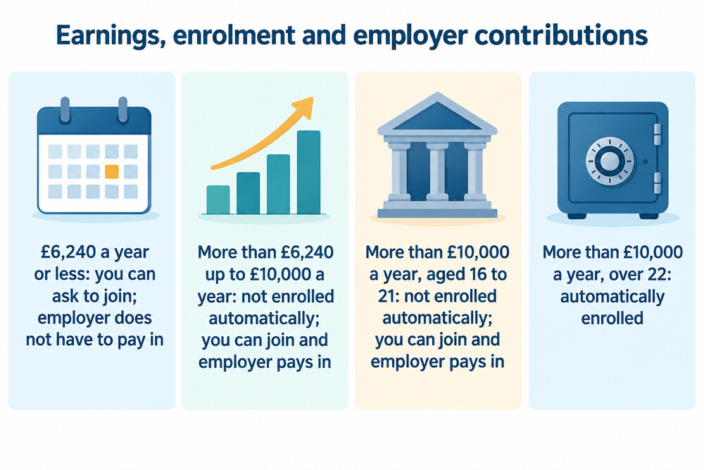 How your age and earnings decide whether you are enrolled and whether your employer pays in