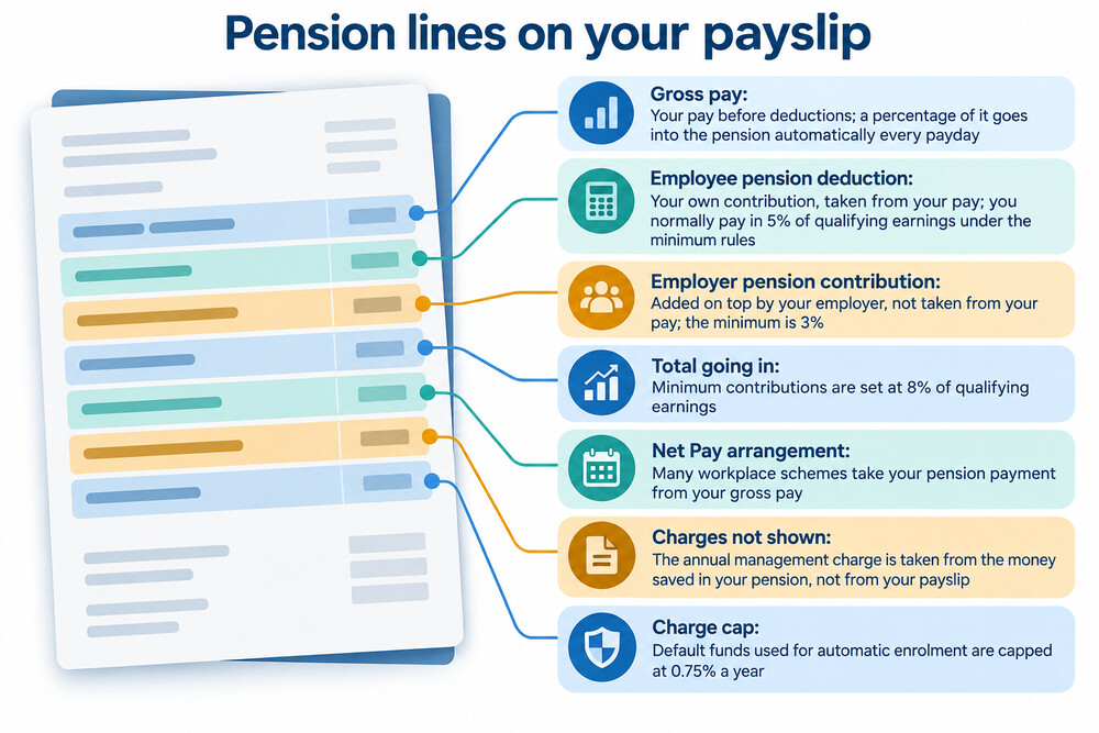 A payslip showing the pension deduction line alongside pay, tax and National Insurance