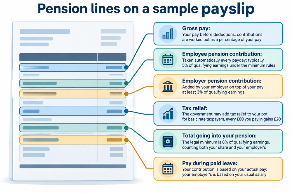 A close-up of a payslip showing the pension deduction line and employer contribution details
