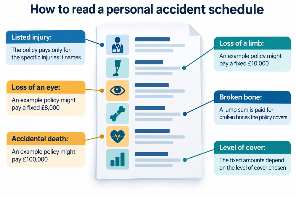A personal accident policy's benefit schedule, showing the fixed cash sum payable for each listed injury