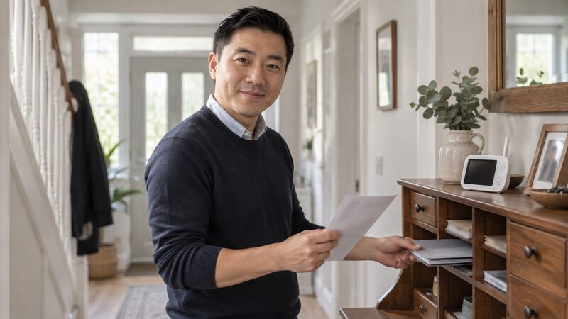 Man stands at a hallway bureau holding a letter and filing a folder.