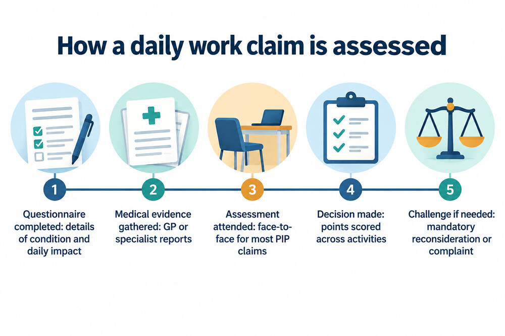 A timeline showing the stages of a claim: questionnaire, medical evidence, assessment, decision, and challenge