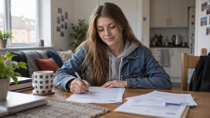 A person completing a benefits questionnaire at a kitchen table, with a pen and medical letters nearby
