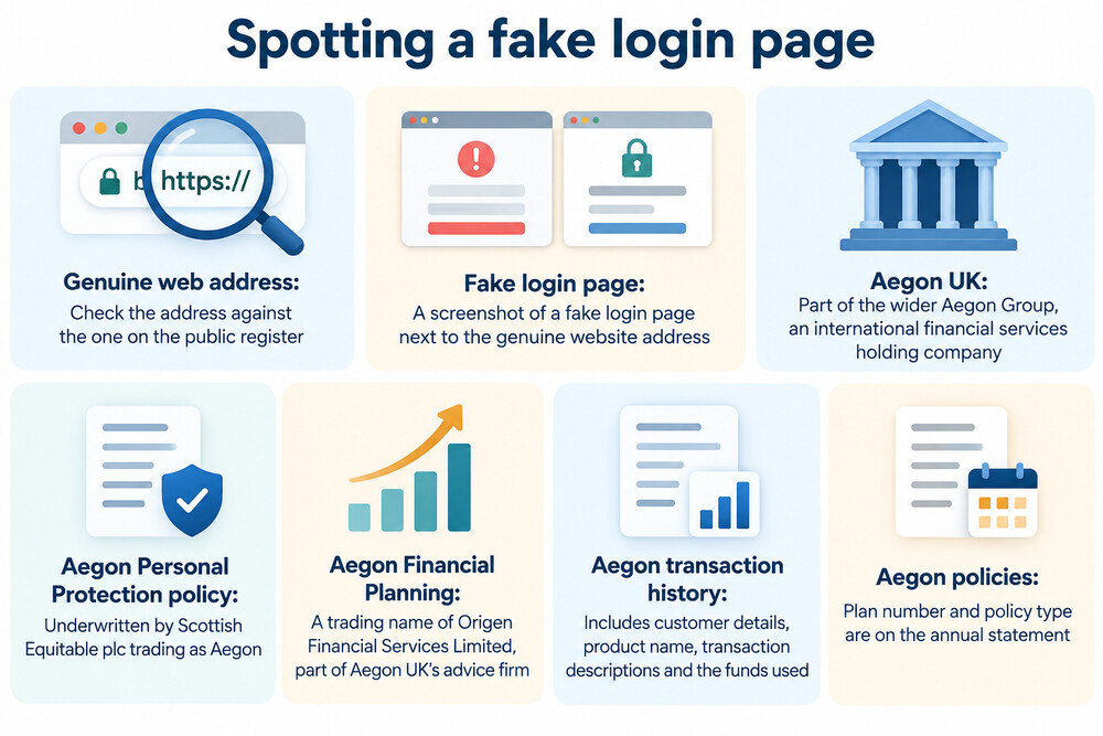 A screenshot of a fake login page next to the genuine website address