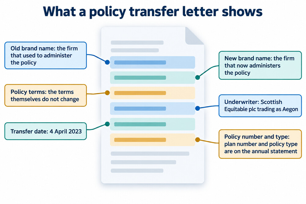 A letter from an insurer confirming a policy transfer, with the old and new brand names visible