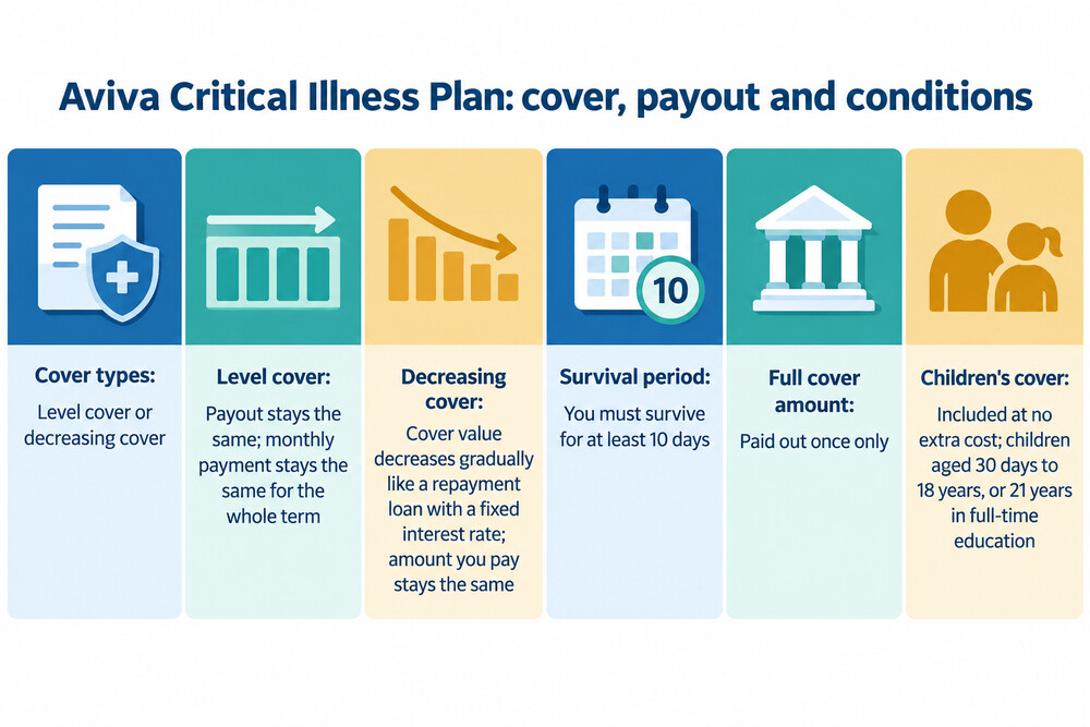 A one-page summary of an Aviva critical illness policy showing the cover amount, the survival period and the list of conditions