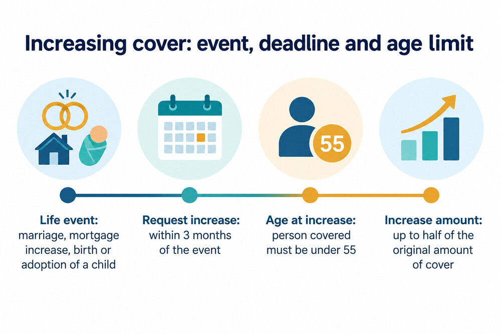 A timeline showing a life event, the three-month window to request an increase, and the age limit of 55