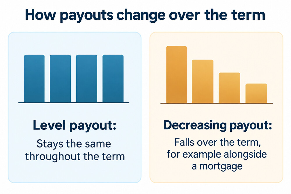 A simple diagram showing a level payout staying flat, a decreasing payout falling and an increasing payout rising over the same term