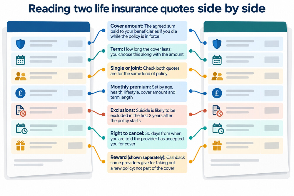 Side by side life insurance quotes showing premiums, cover amounts and policy terms rather than promotional offers